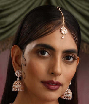 April Rose Gold Diamond Earring Tikka Set • Rose Gold Maangtikka Set • CZ Jhumka Tikka Set •Indian Jewelry • Pakistani Jewelry • Punjabi
