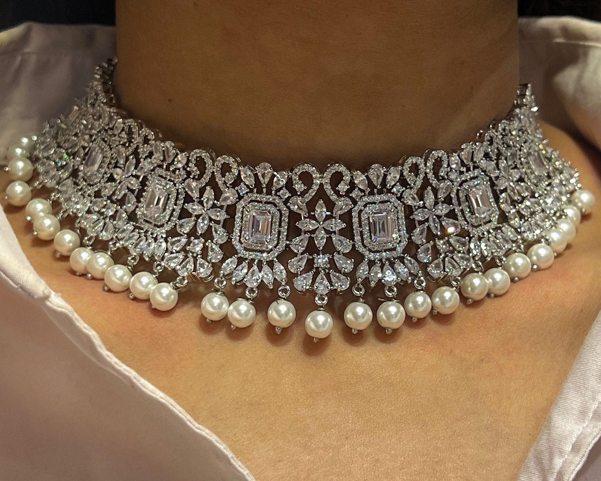 Pre Order Pari Pearl Diamond Choker CZ Choker American Diamond Necklace Set Choker Necklace Indian Cubic Zirconia Necklace Pakistani Jewelry