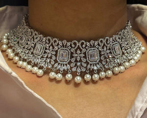Pre Order Pari Pearl Diamond Choker CZ Choker American Diamond Necklace Set Choker Necklace Indian Cubic Zirconia Necklace Pakistani Jewelry
