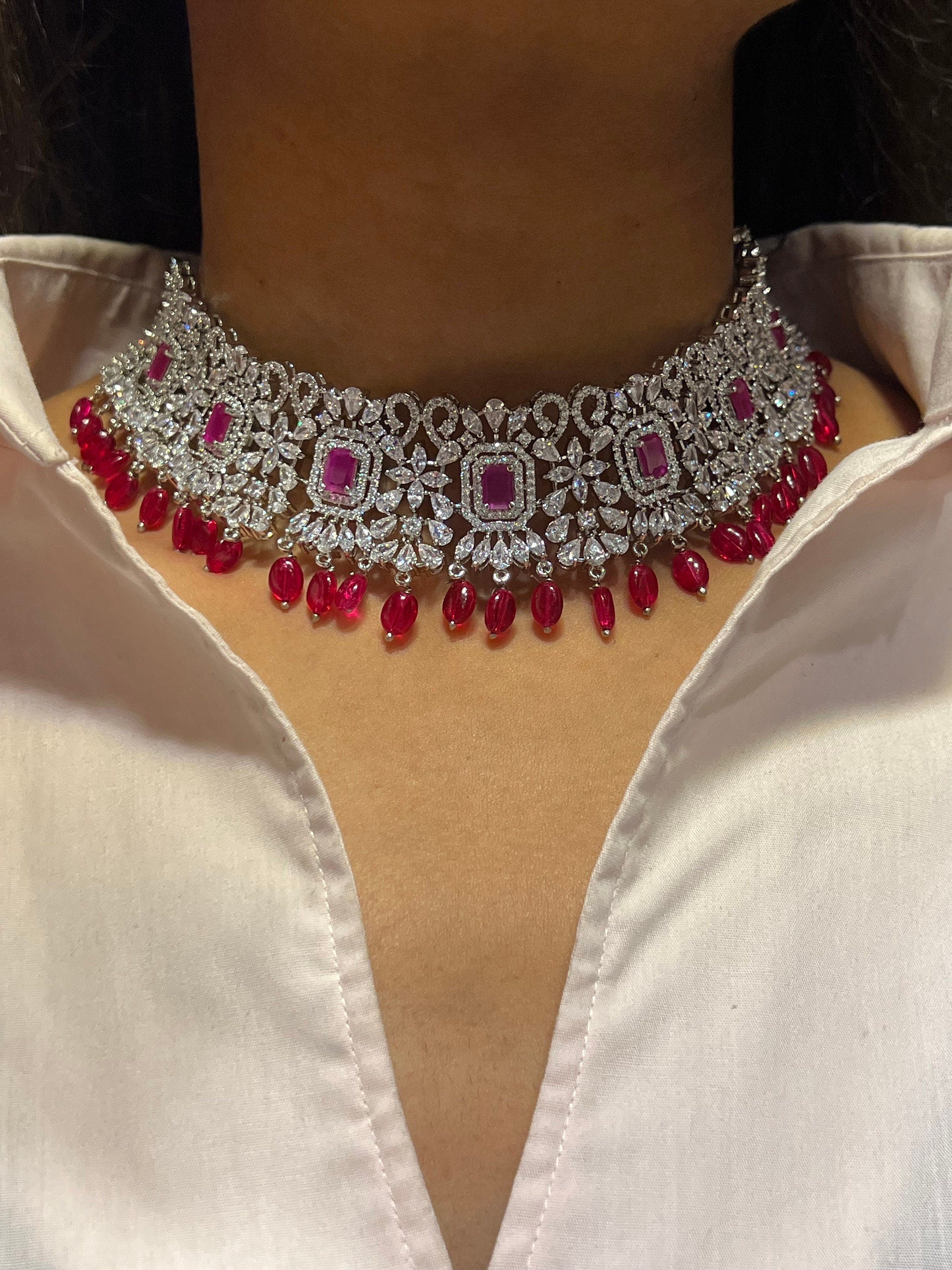Pari Ruby Diamond Choker CZ Choker American Diamond Necklace Set Choker Necklace Indian Cubic Zirconia Necklace Pakistani Jewelry