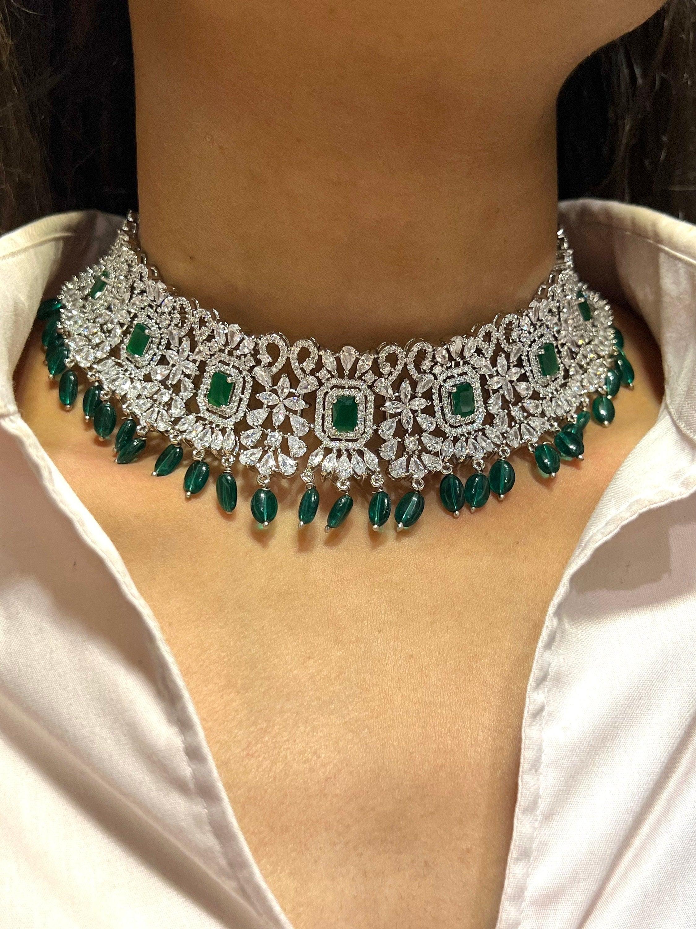 Pari Emerald Diamond Choker CZ Choker American Diamond Necklace Set Choker Necklace Indian Cubic Zirconia Necklace Pakistani Jewelry MyRivaaz