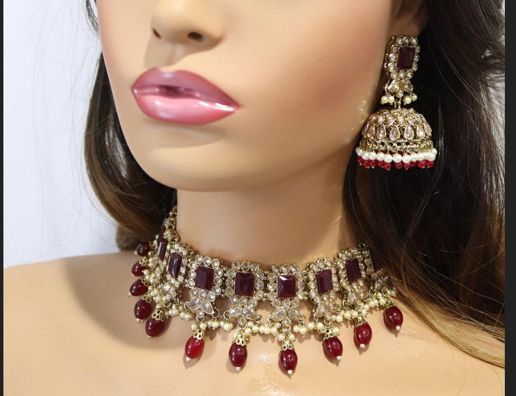 Myra Octo Burgandy Maroon Polki Choker Set India Necklace Set Punjabi Jewelry Pakistani Necklace Indian Jewelry Bollywood Kundan Necklace