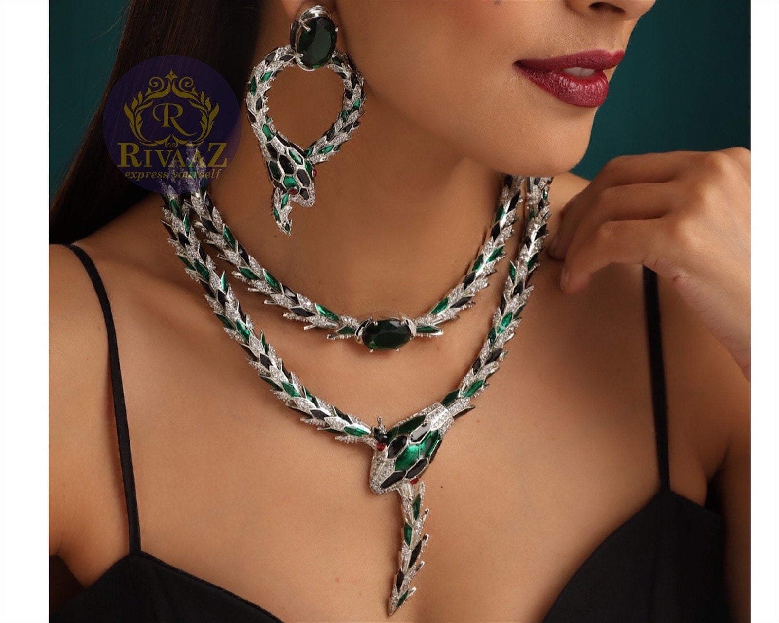 Emerald Snake Necklace Diamond Snake Necklace Silver Serpent Snake Jewelry Snake Statement Necklace Statement Jewelry CZ Snake Necklace