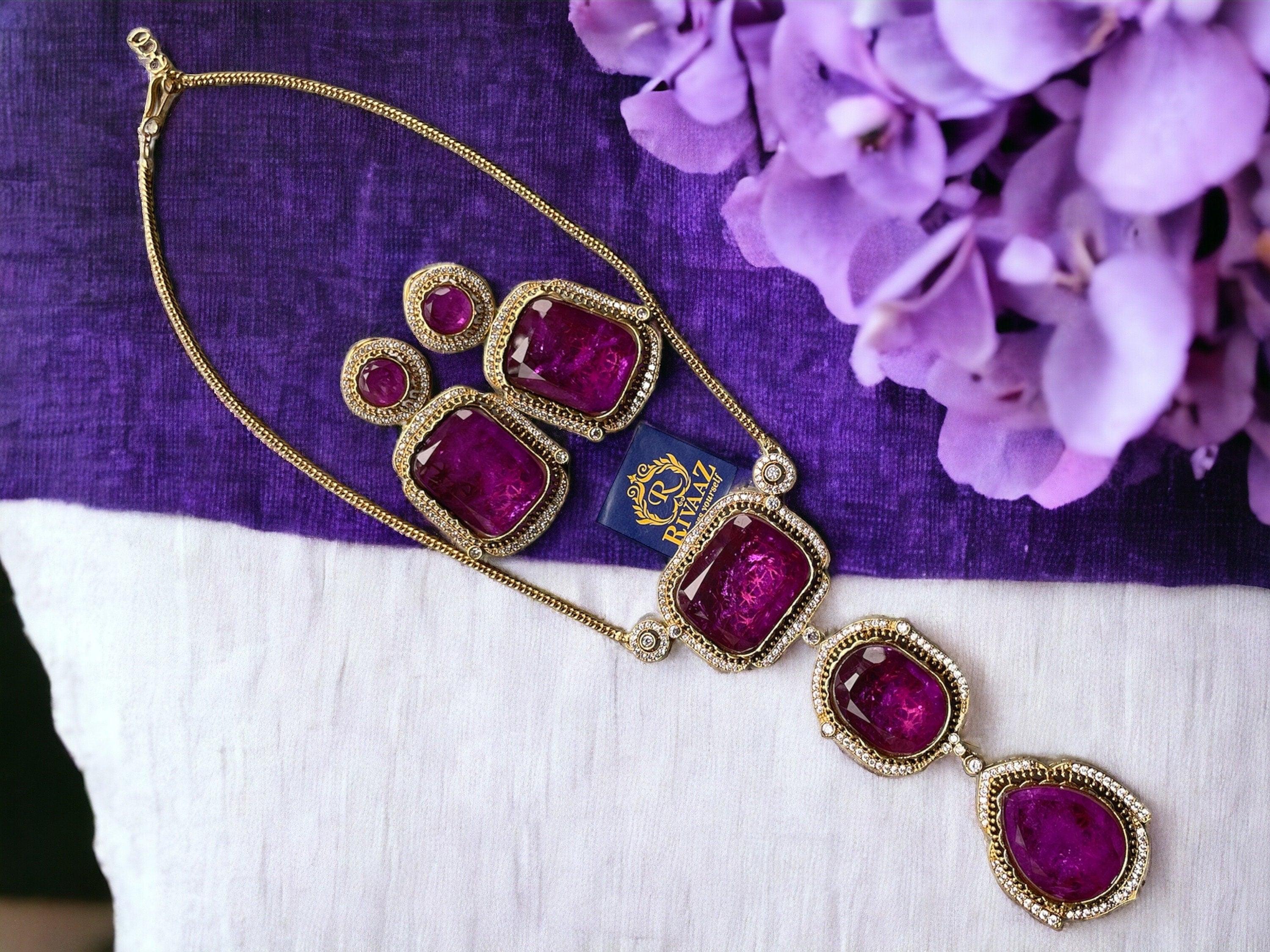Purple Doublet Antique Gold Pendant Necklace/ Jadau kundan necklace/ Indian necklace/ Indian Jewelry/ Kundan Necklace