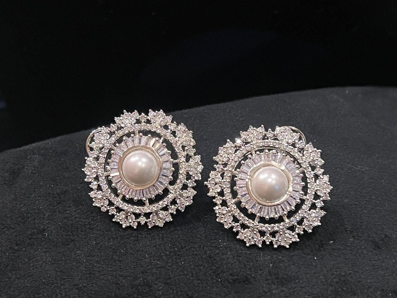CZ Diamond Pearl Studs/ Indian jewelry/ Indian Earrings/ CZ Studs / Bollywood Jewelry/ Indian Earrings/ Pakistani Jewelry/ Punjabi jewelry