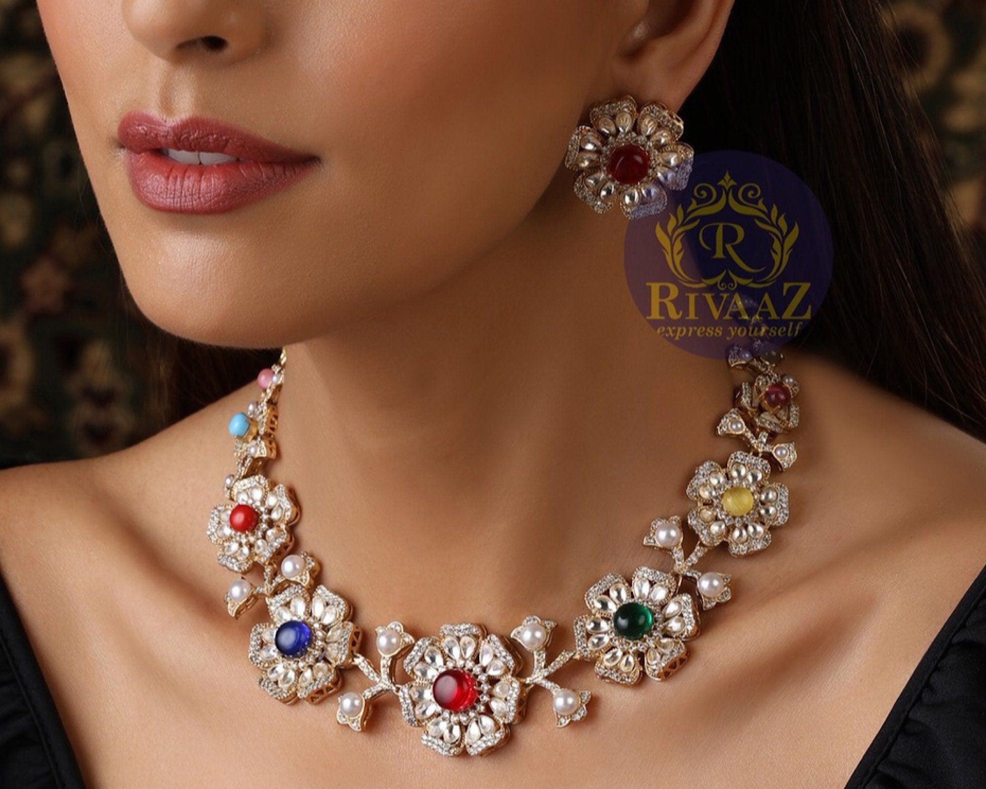 Sold Out Navratan Indian Necklace Set Kundan Necklace Bollywood Jewelry Kundan Choker Indian Jewelry