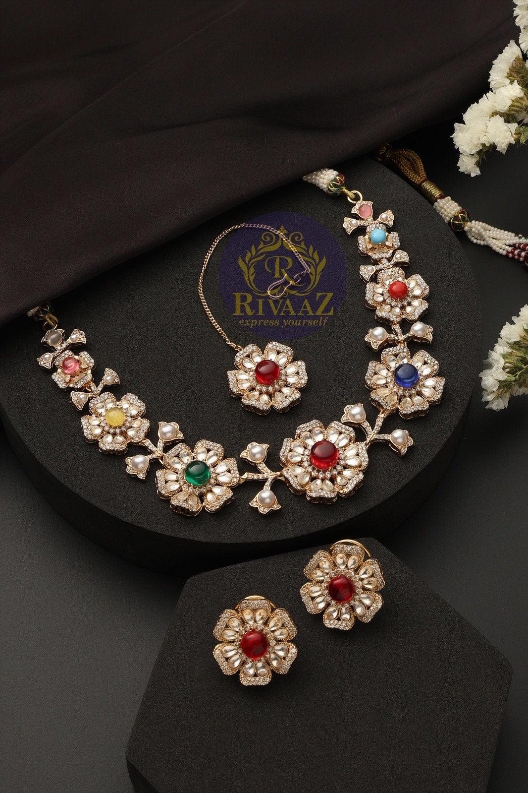 Sold Out Navratan Indian Necklace Set Kundan Necklace Bollywood Jewelry Kundan Choker Indian Jewelry