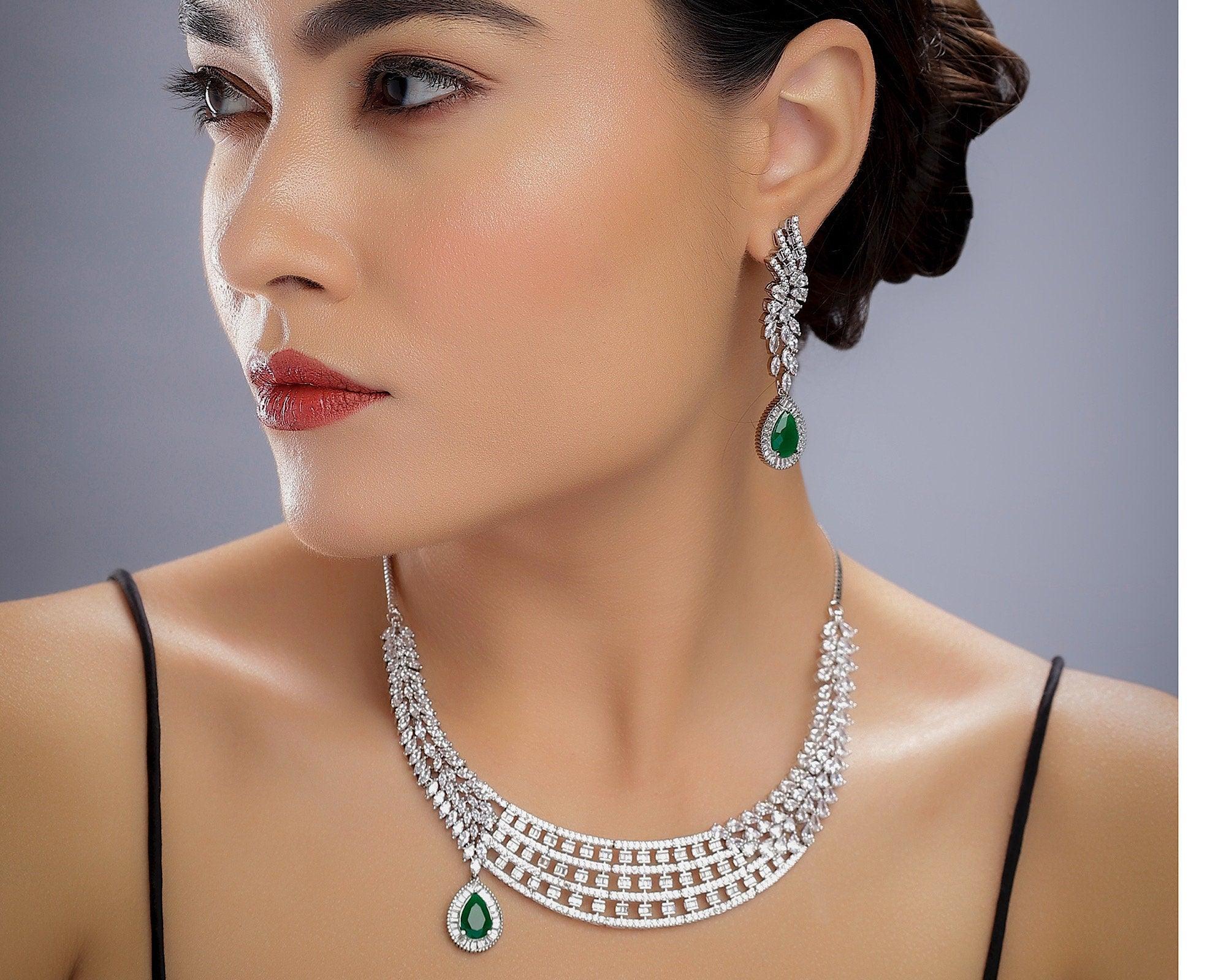 Rani Emerald Diamond Necklace Set Emerald Necklace Wedding Necklace Indian Jewelry Indian Necklace Pakistani Jewelry American Diamond