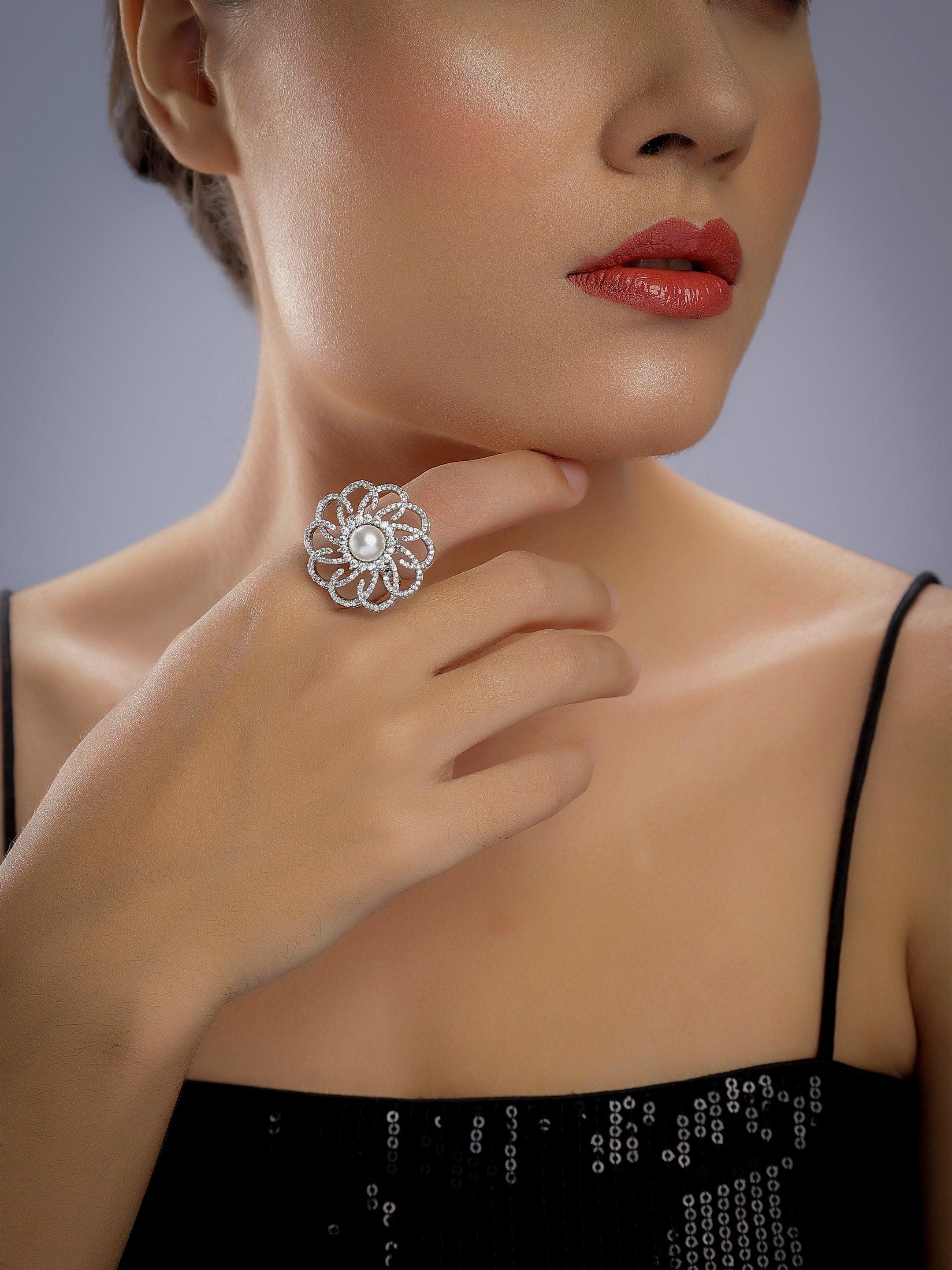 Silver Pearl Diamond CZ Ring Adjustable Size Adjustable Band Statement Ring Diamond Finger Ring CZ Ring Indian Jewelry American Diamond