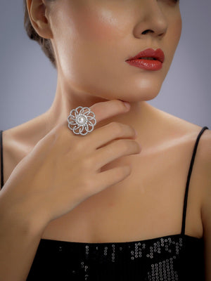 Silver Pearl Diamond CZ Ring Adjustable Size Adjustable Band Statement Ring Diamond Finger Ring CZ Ring Indian Jewelry American Diamond