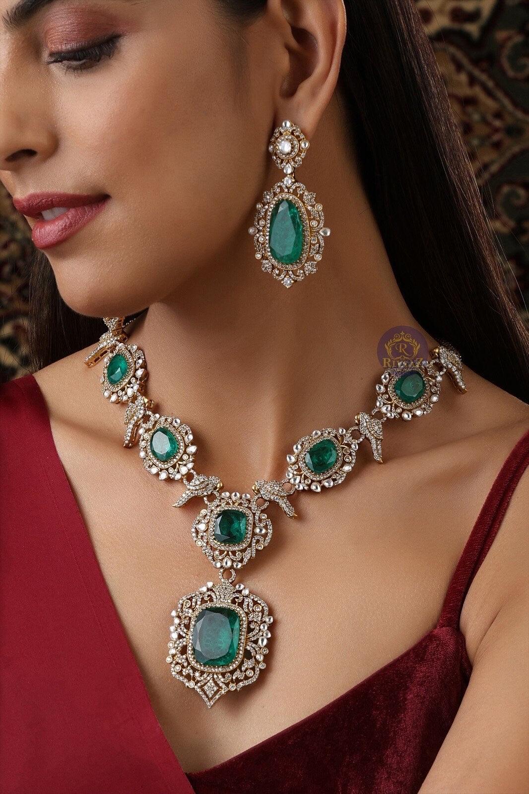 Emerald Doublet Long Victorian Necklace Jewelry Long Kundan Necklace Indian Necklace Wedding Necklace Bridal Long Necklace