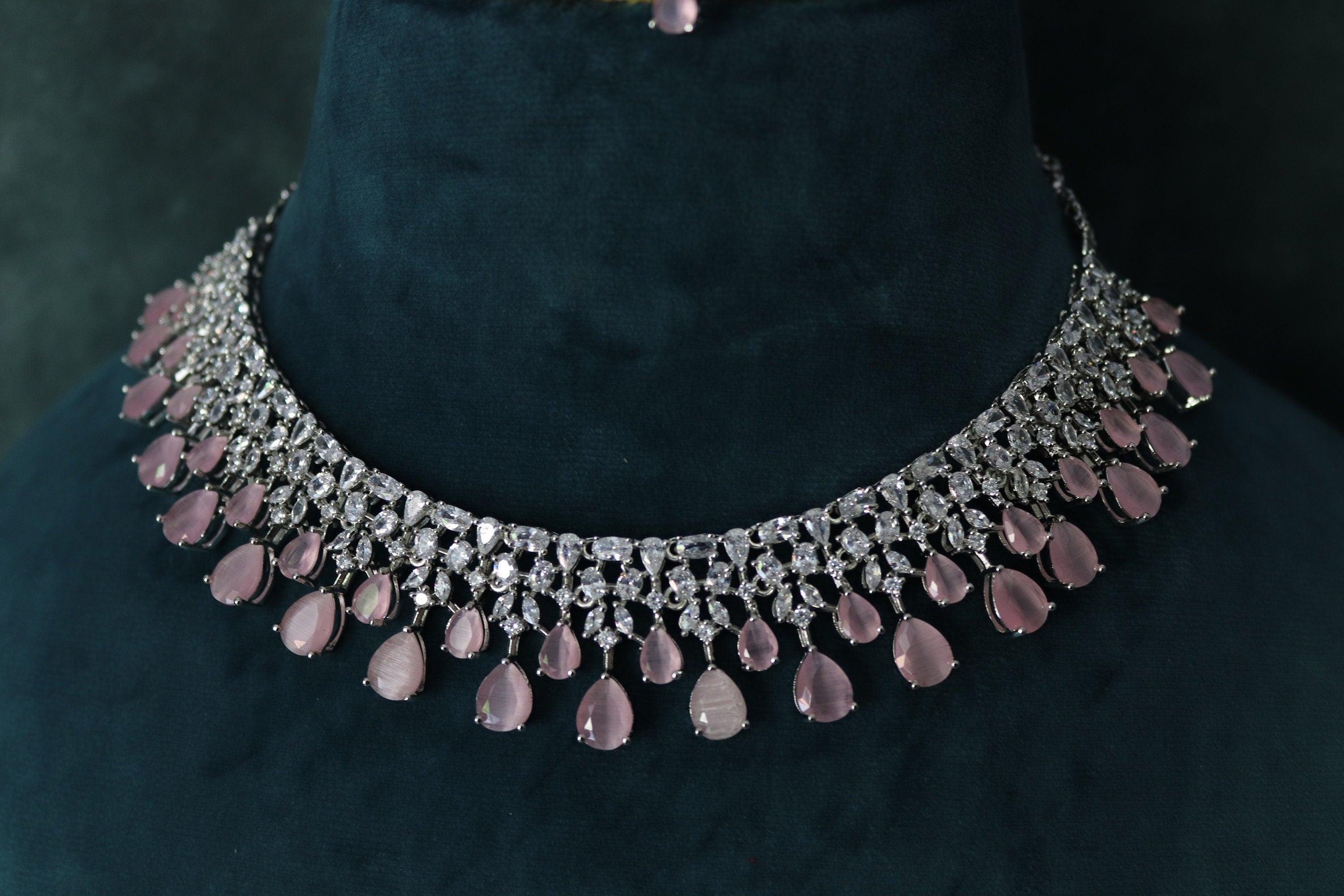Pink Silver Diamond Necklace / Indian Jewelry/ Indian Choker/ Pakistani Jewelry/ Pakistani Necklace/ Crystal Choker
