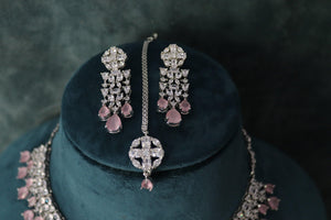 Pink Silver Diamond Necklace / Indian Jewelry/ Indian Choker/ Pakistani Jewelry/ Pakistani Necklace/ Crystal Choker