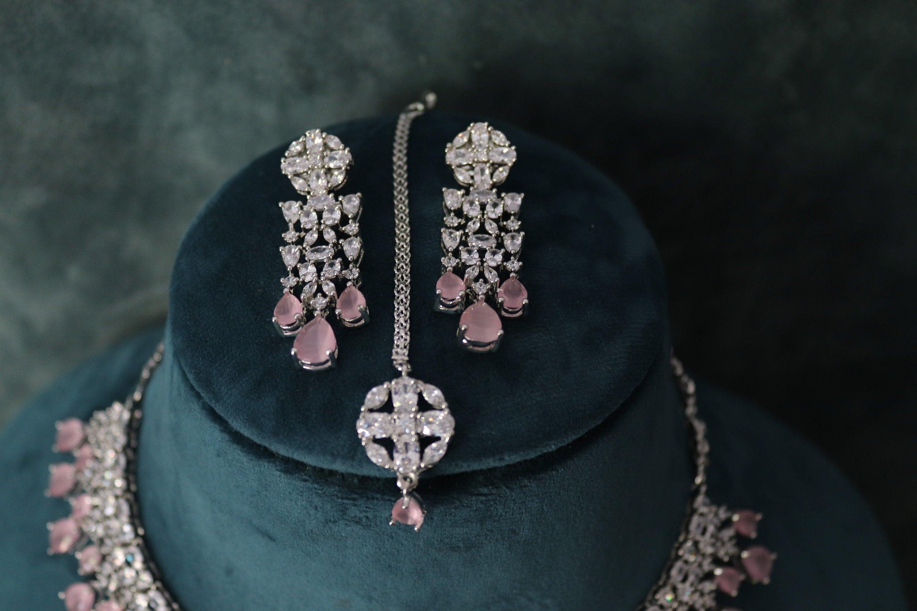Pink Silver Diamond Necklace / Indian Jewelry/ Indian Choker/ Pakistani Jewelry/ Pakistani Necklace/ Crystal Choker