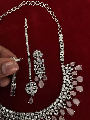 Pink Silver Diamond Necklace / Indian Jewelry/ Indian Choker/ Pakistani Jewelry/ Pakistani Necklace/ Crystal Choker