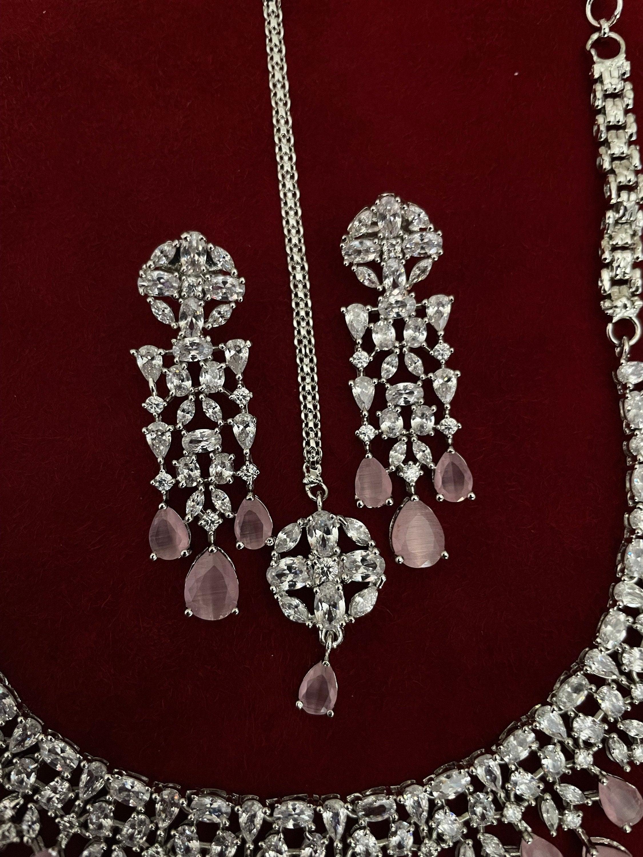 Pink Silver Diamond Necklace / Indian Jewelry/ Indian Choker/ Pakistani Jewelry/ Pakistani Necklace/ Crystal Choker