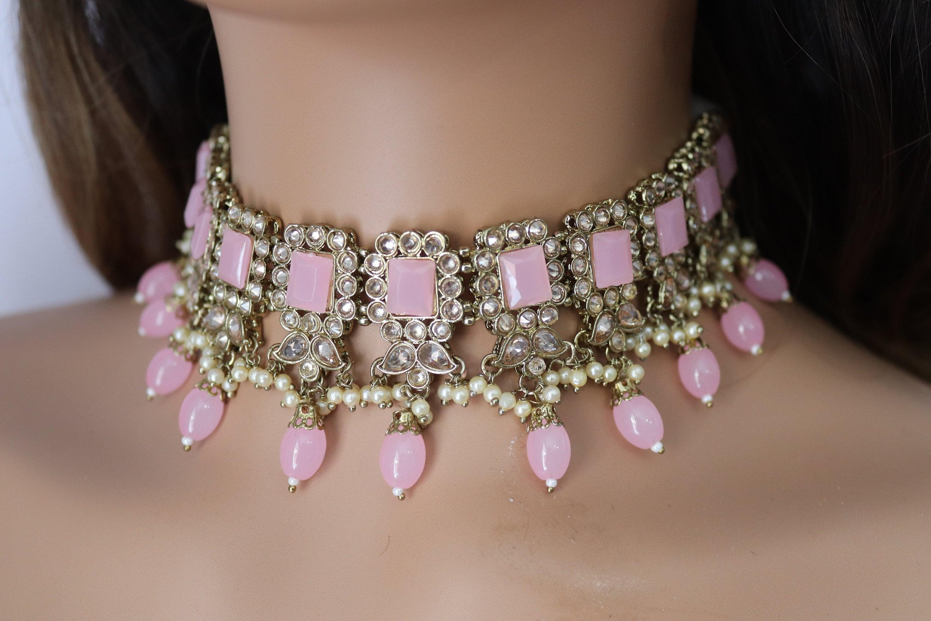 Myra Pink Polki Choker Indian Jewelry Punjabi Choker Pakistani jewelry Indian necklace Punjabi Choker Kundan Set