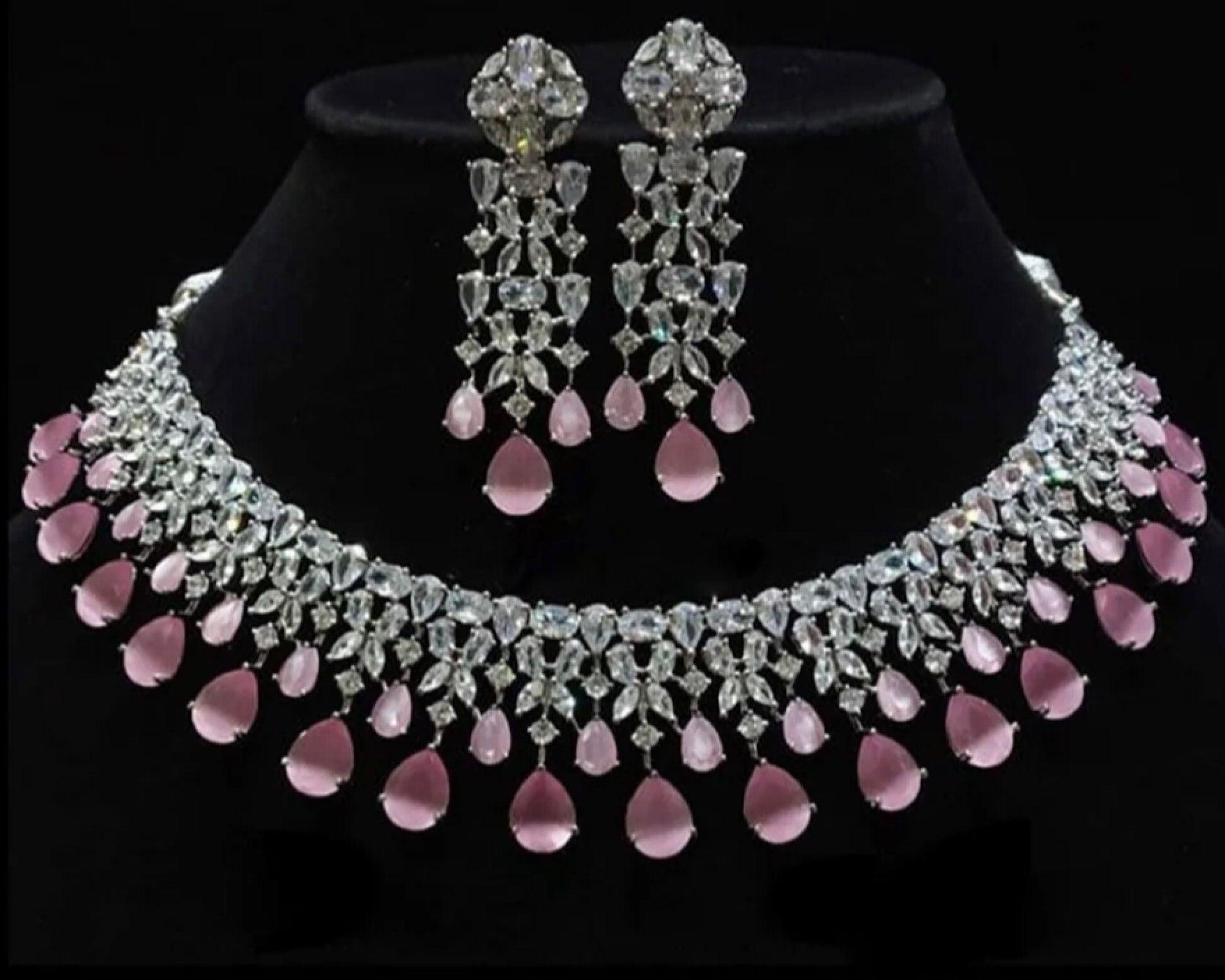 Pink Silver Diamond Necklace / Indian Jewelry/ Indian Choker/ Pakistani Jewelry/ Pakistani Necklace/ Crystal Choker