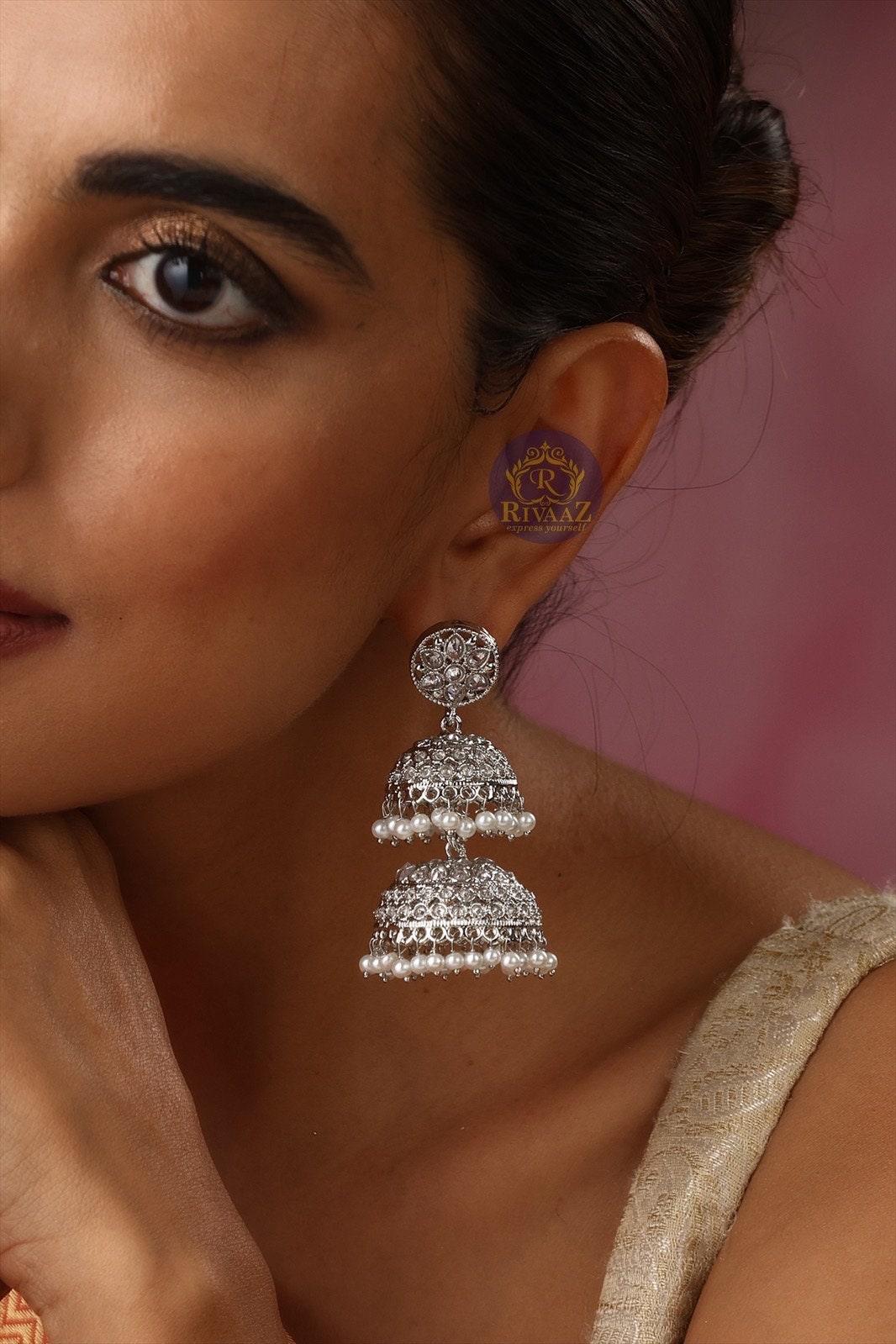 Silver Polki Jhumkas Lightweight Indian Jewelry Long Jhumka Earrings Indian Wedding Silver Earrings Bollywood Jewelry Pakistani Jewelry