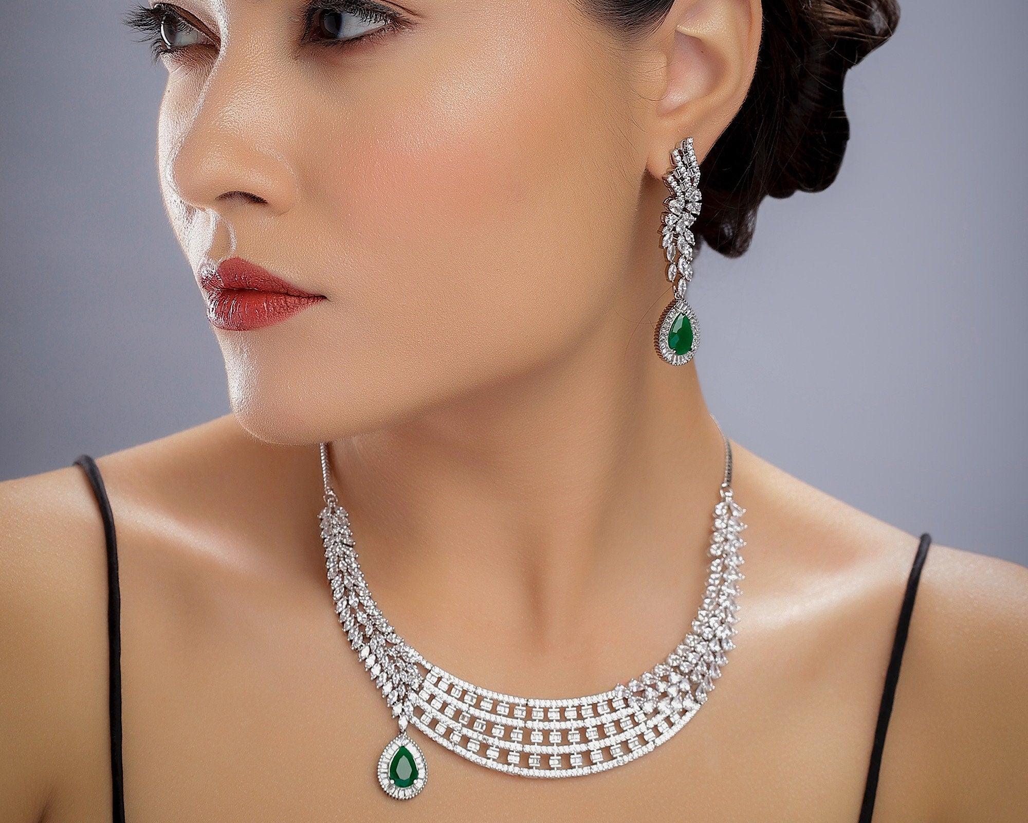 Rani Emerald Diamond Necklace Set Emerald Necklace Wedding Necklace Indian Jewelry Indian Necklace Pakistani Jewelry American Diamond