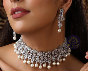 Silver Diamond CZ Pearl Choker Necklace American Diamond Necklace Indian Jewelry Pakistani Jewelry Indian Choker Punjabi Jewelry