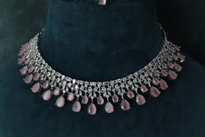 Pink Silver Diamond Necklace / Indian Jewelry/ Indian Choker/ Pakistani Jewelry/ Pakistani Necklace/ Crystal Choker