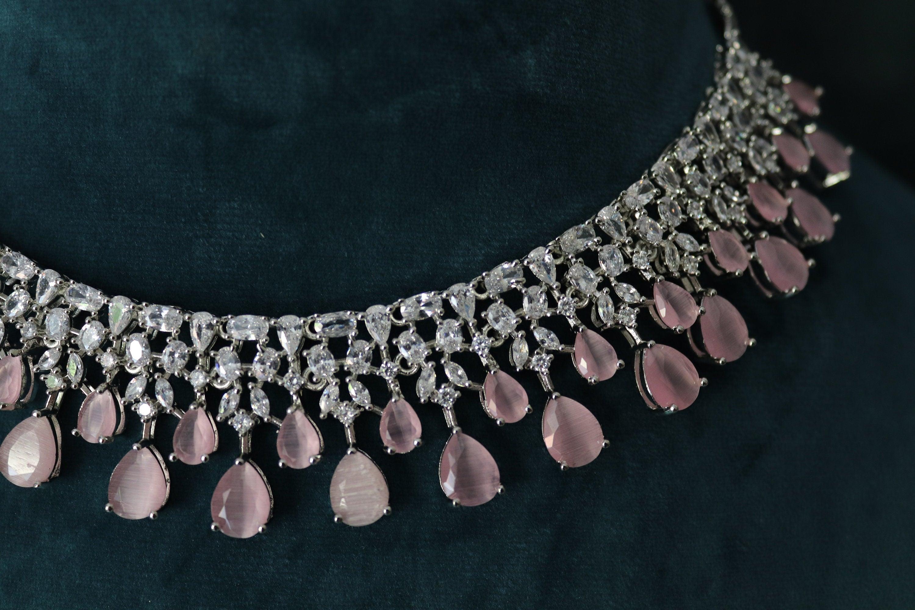 Pink Silver Diamond Necklace / Indian Jewelry/ Indian Choker/ Pakistani Jewelry/ Pakistani Necklace/ Crystal Choker