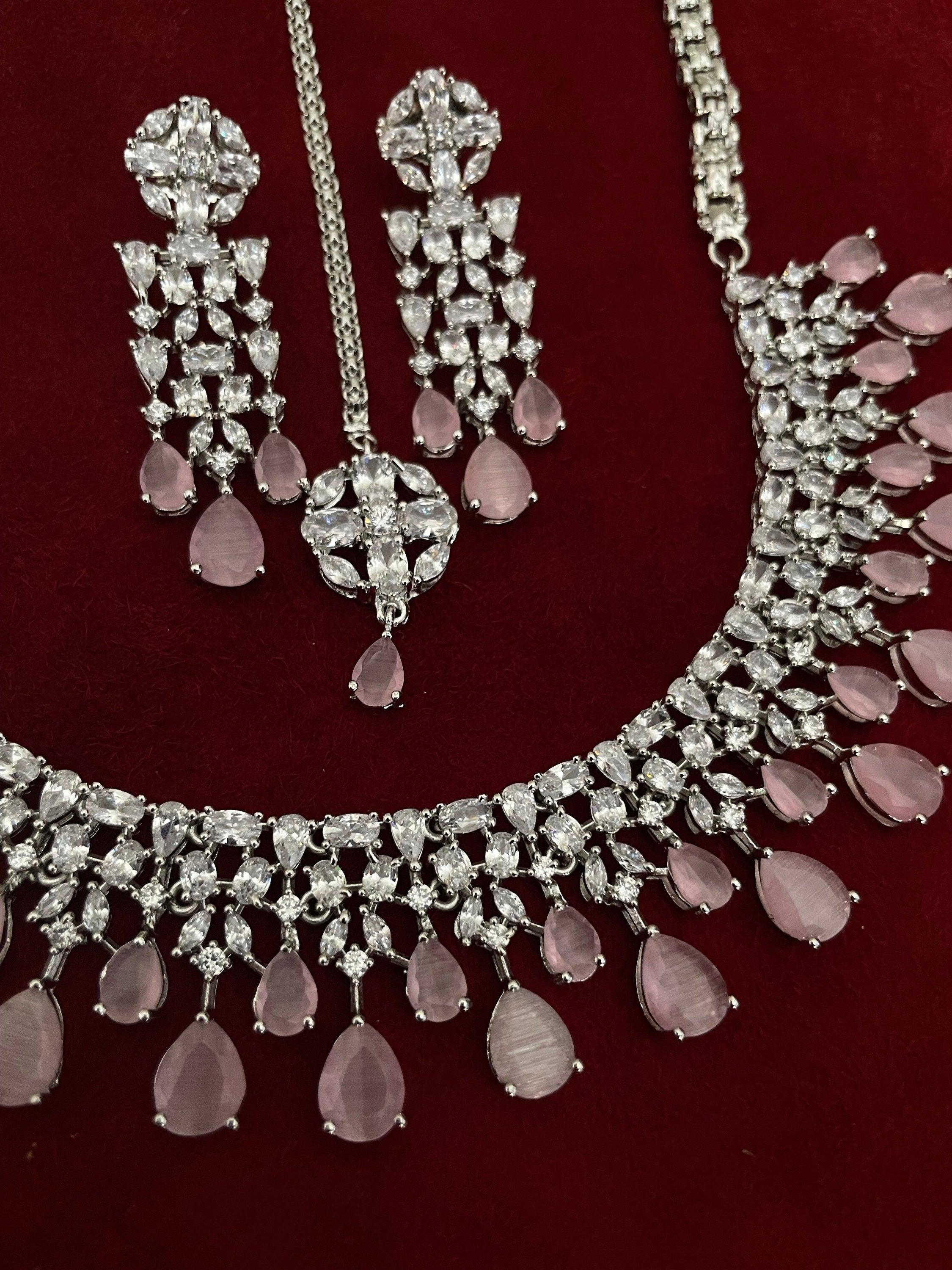 Pink Silver Diamond Necklace / Indian Jewelry/ Indian Choker/ Pakistani Jewelry/ Pakistani Necklace/ Crystal Choker