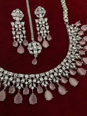 Pink Silver Diamond Necklace / Indian Jewelry/ Indian Choker/ Pakistani Jewelry/ Pakistani Necklace/ Crystal Choker