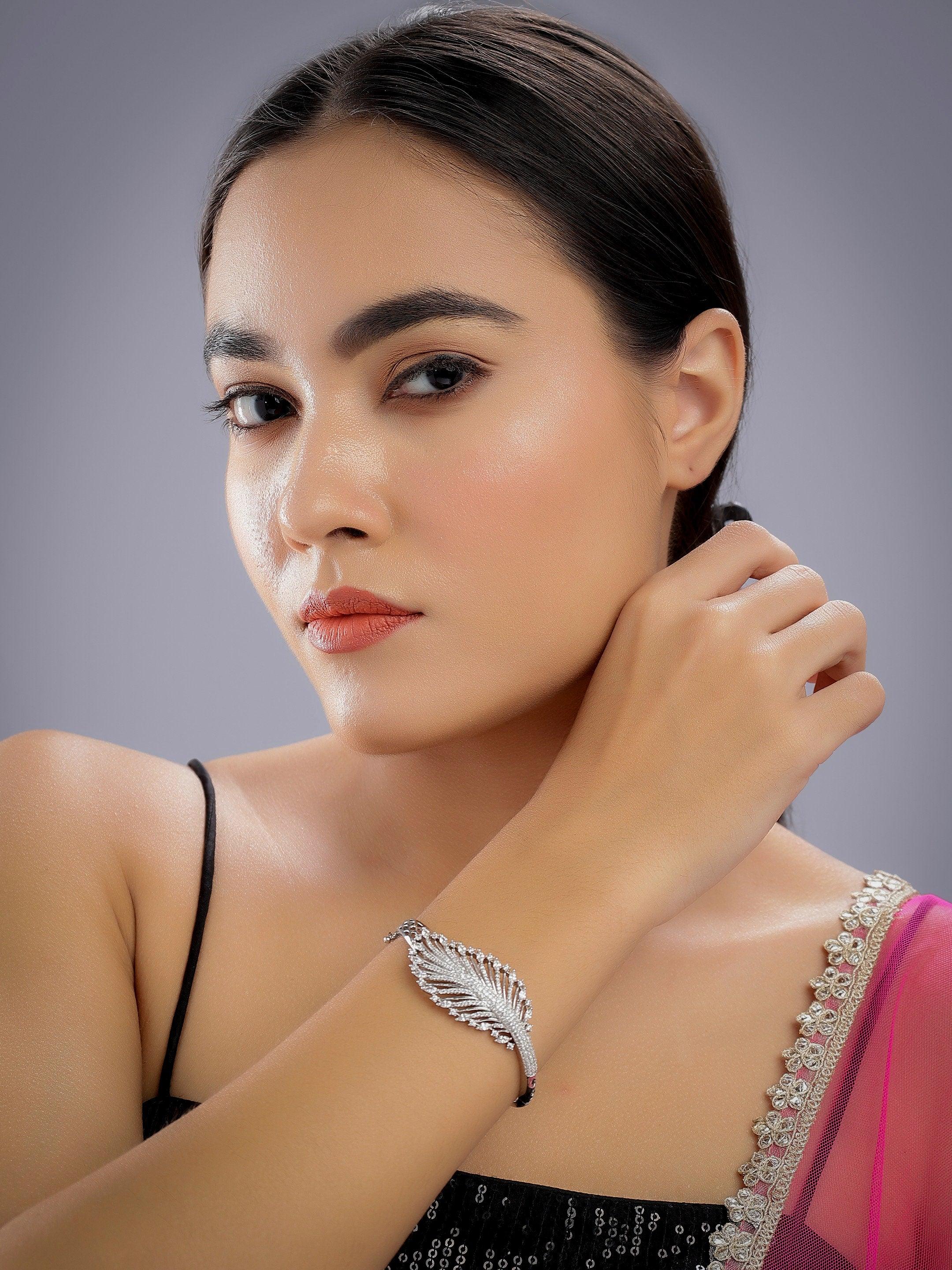 CZ Feather Bracelet/ Indian Bracelet/ Statement Jewelry/ Indian Jewelry/ Peacock jewelry/ Indian Bangle/ Kada/ Bollywood jewelry/