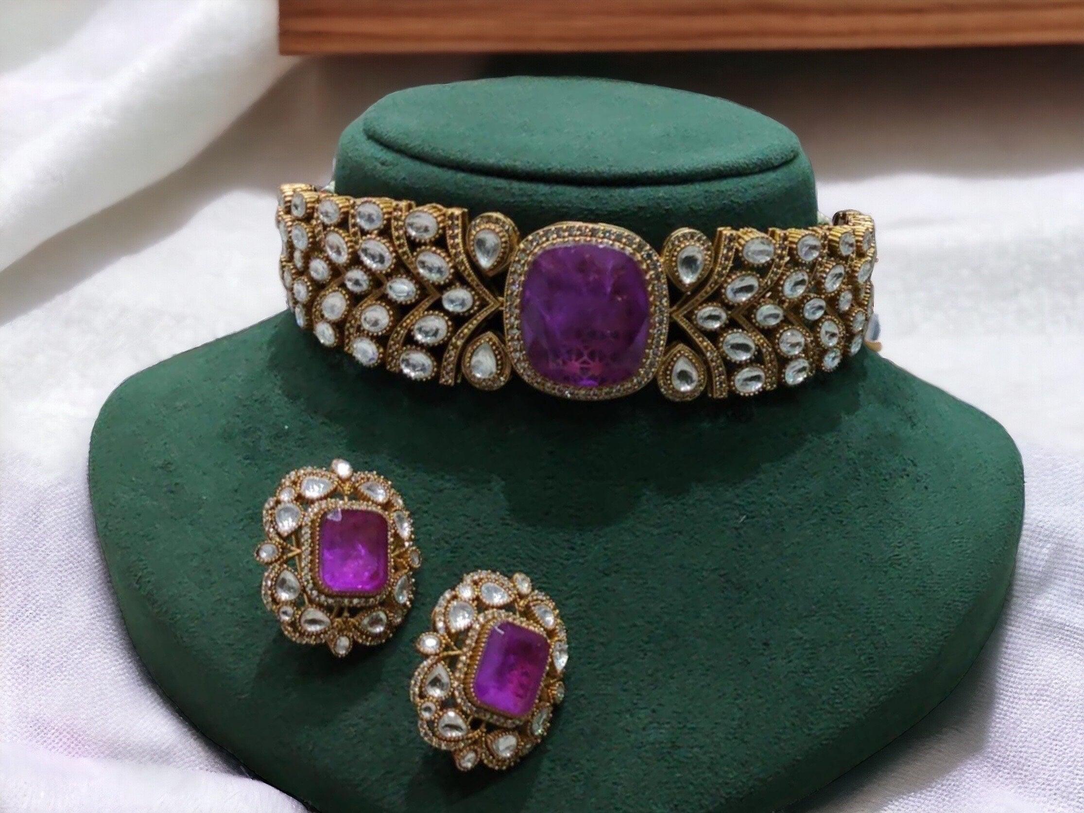 Purple Gold Victorian Choker Indian Jewelry Necklace Emerald Indian Choker Indian Necklace Bollywood Jewelry Doublet