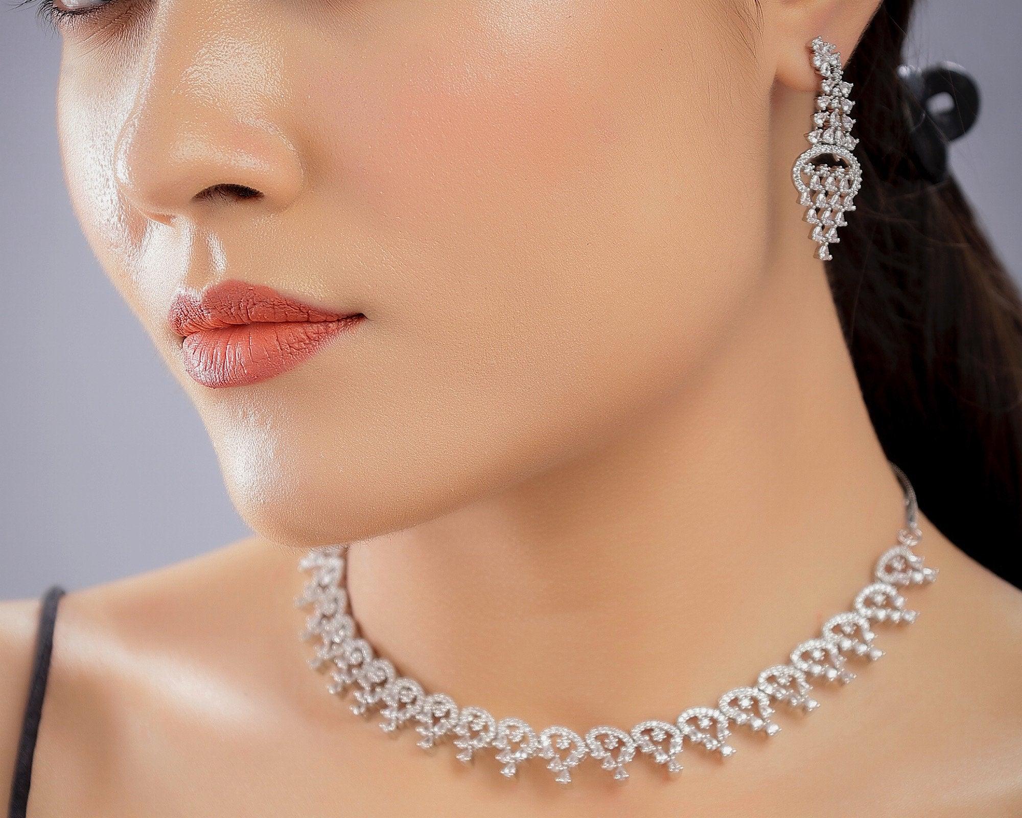 Silver CZ Diamond Necklace Statement Jewelry Wedding Jewelry Diamond Necklace Indian Jewelry American Diamond Necklace Pakistani Jewelry