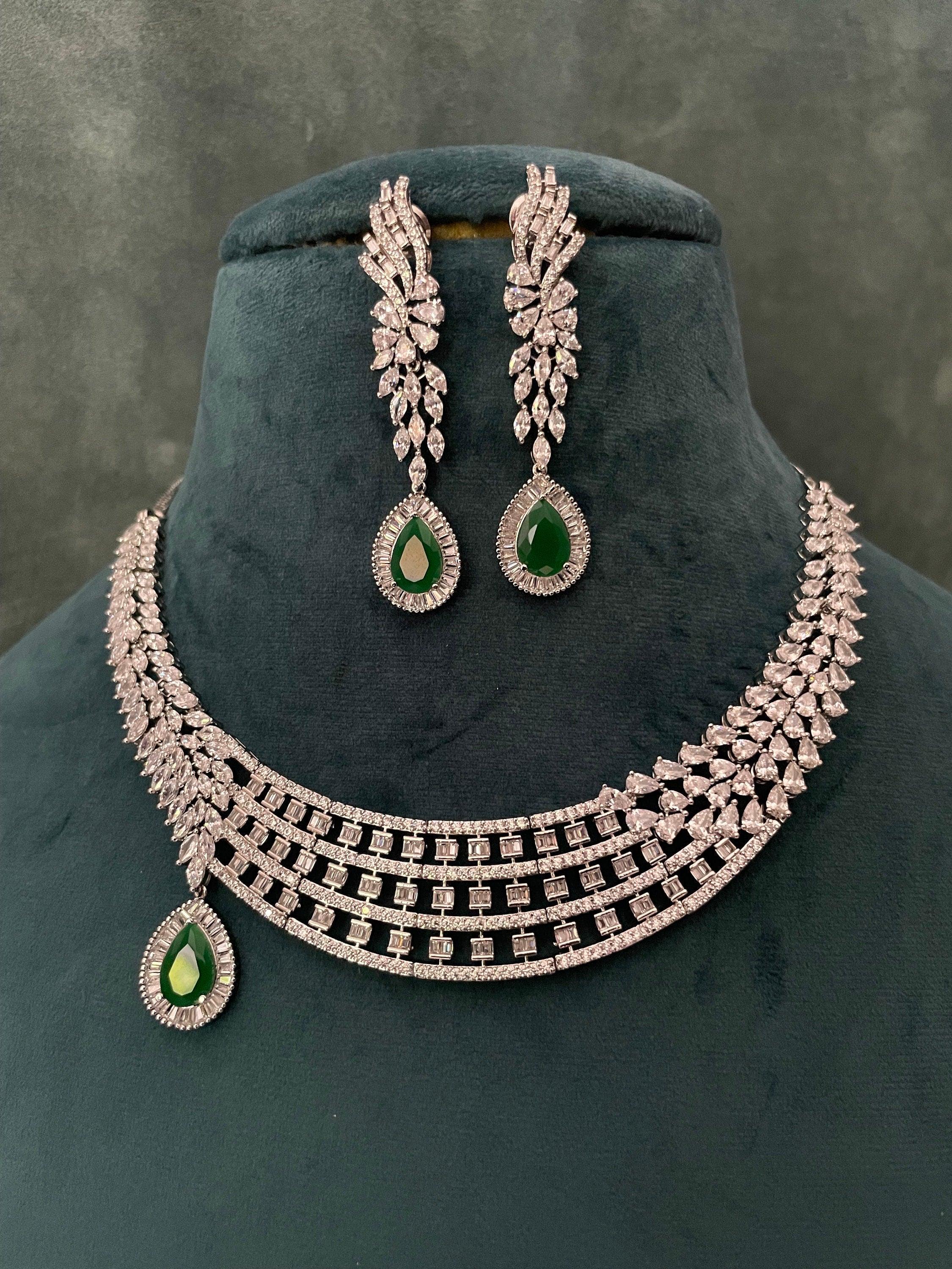 Rani Emerald Diamond Necklace Set Emerald Necklace Wedding Necklace Indian Jewelry Indian Necklace Pakistani Jewelry American Diamond