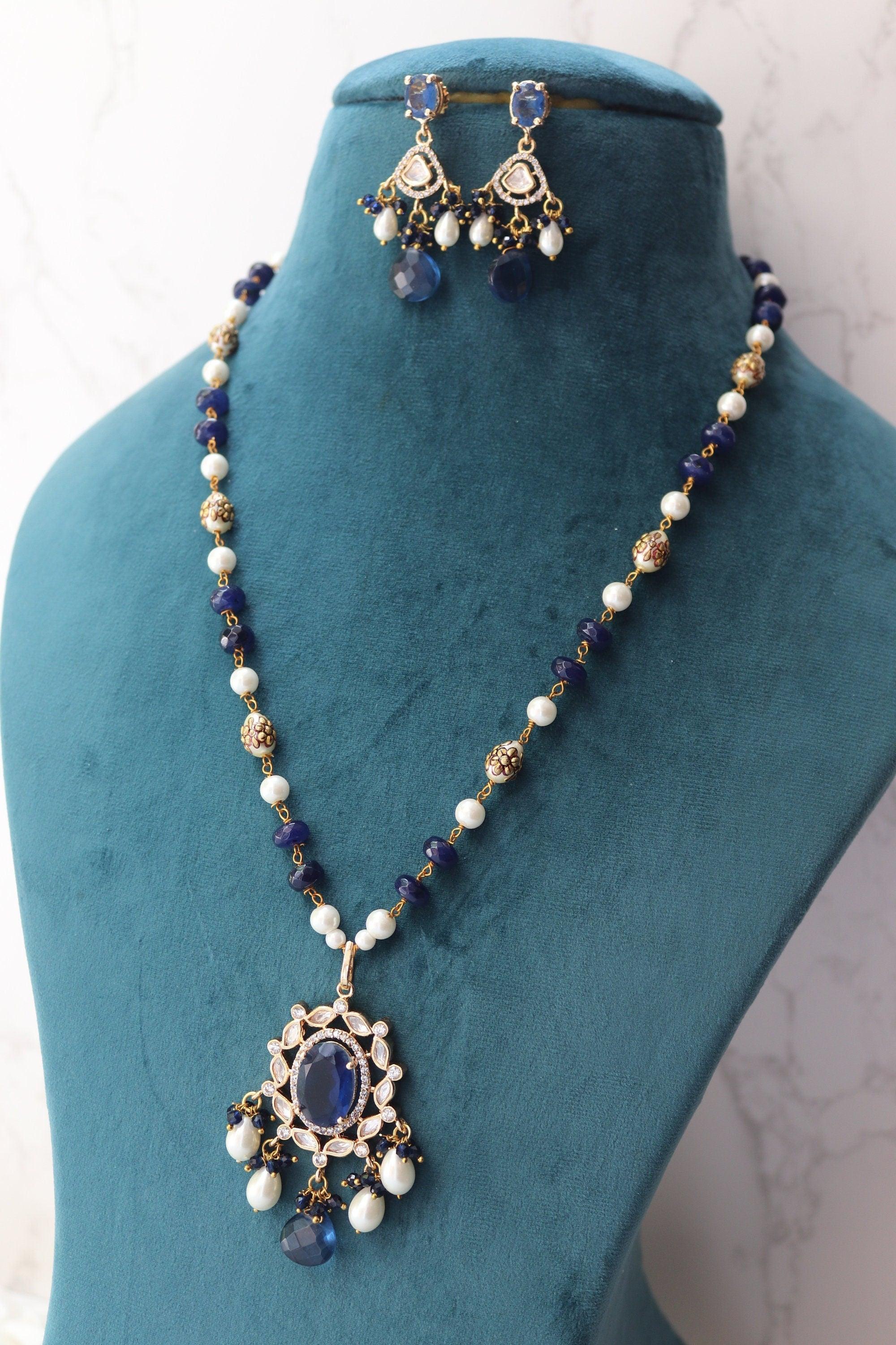 Priya Blue Long Kundan Necklace Indian Long Necklace Sari Necklace Indian Jewelry Pakistani Jewelry Long Polki Necklace Indian Necklace Set