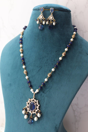 Priya Blue Long Kundan Necklace Indian Long Necklace Sari Necklace Indian Jewelry Pakistani Jewelry Long Polki Necklace Indian Necklace Set