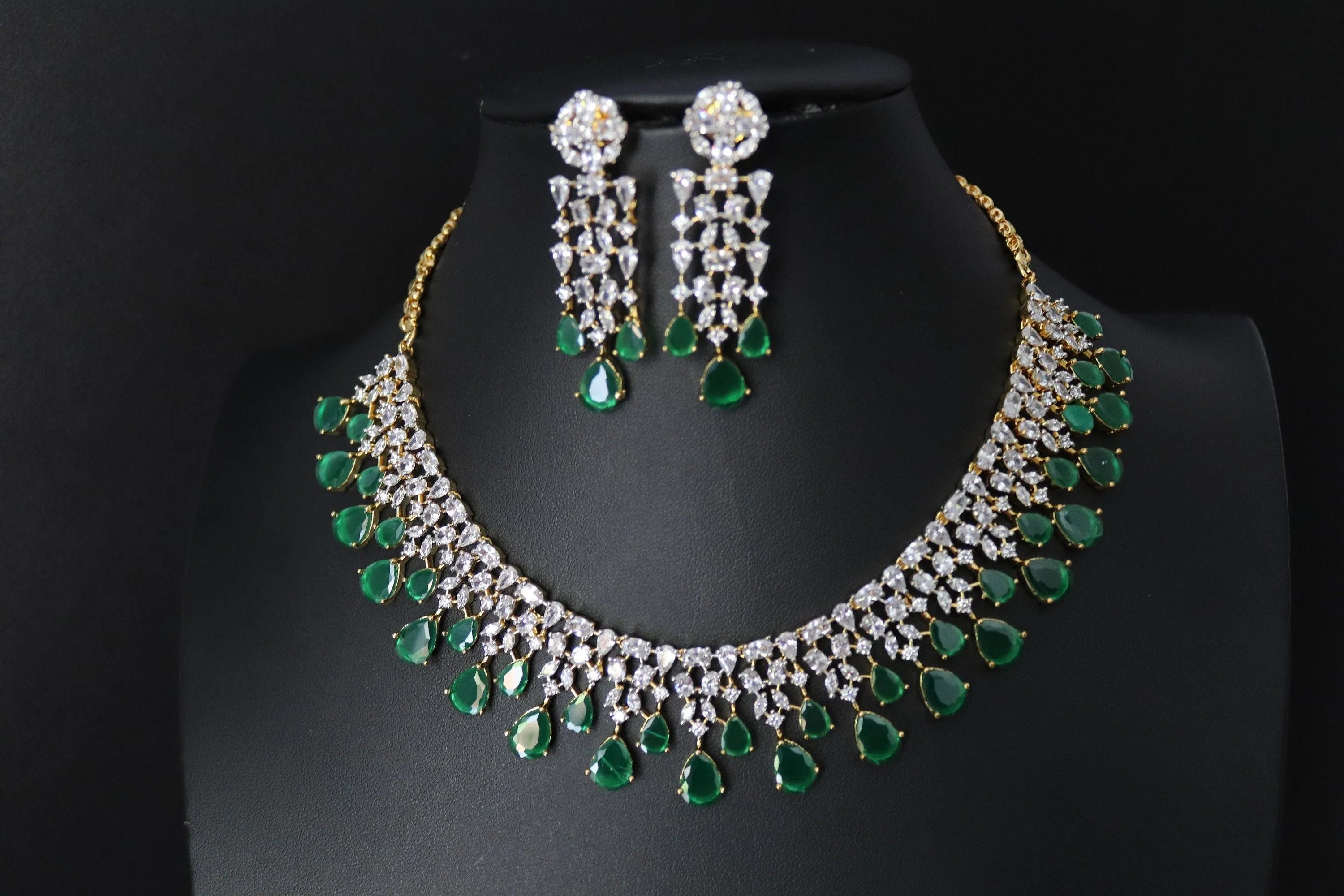 June Gold Emerald Green CZ Diamond Necklace Statement Jewelry Statement Necklace Pakistani Jewelry Indian Necklace CZ choker AmericanDiamond