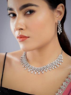 Kim Silver CZ Diamond Necklace Statement Jewelry Wedding Jewelry Crystal Necklace Indian Jewelry American Diamond Set