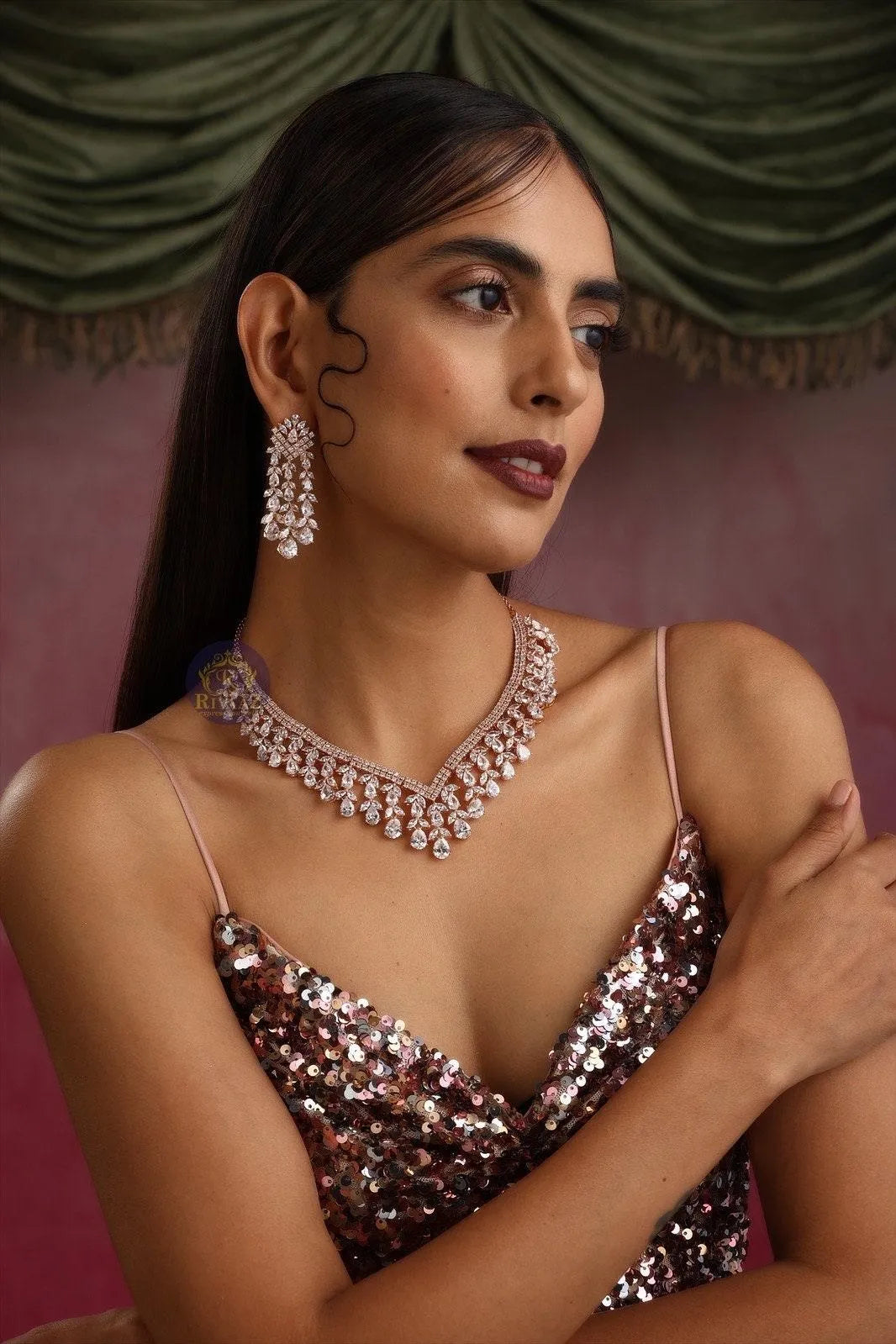 Sold Out Diana Rose Gold CZ Necklace With Earrings American Diamond CZ Necklace Choker Necklace Indian Cubic Zirconia Necklace