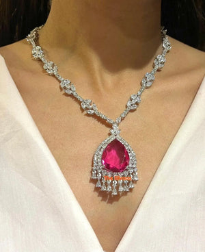 Nora Pink CZ Pendant Necklace Hot Pink Diamond Crystal Necklace American Diamond Necklace Pakistani Jewelry Indian Statement Necklace