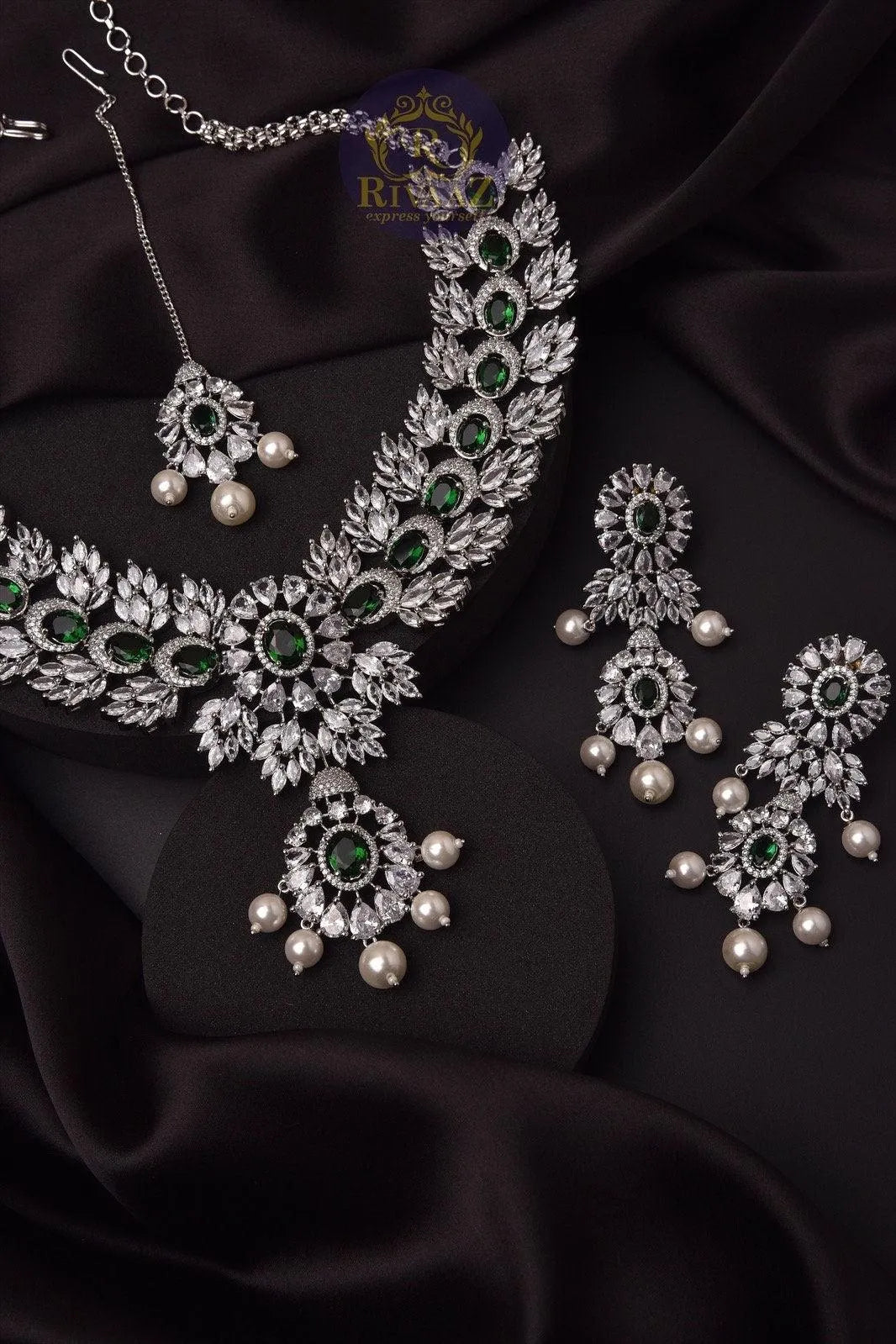 Emerald Pearl Necklace With Earrings And Tikka in White Gold CZ Necklace American Diamond Set Diamond Indian Necklace Indian Bridal Jewelry