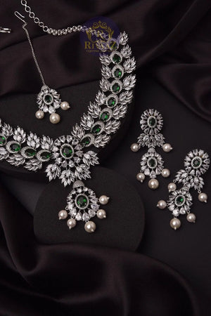 Emerald Pearl Necklace With Earrings And Tikka in White Gold CZ Necklace American Diamond Set Diamond Indian Necklace Indian Bridal Jewelry