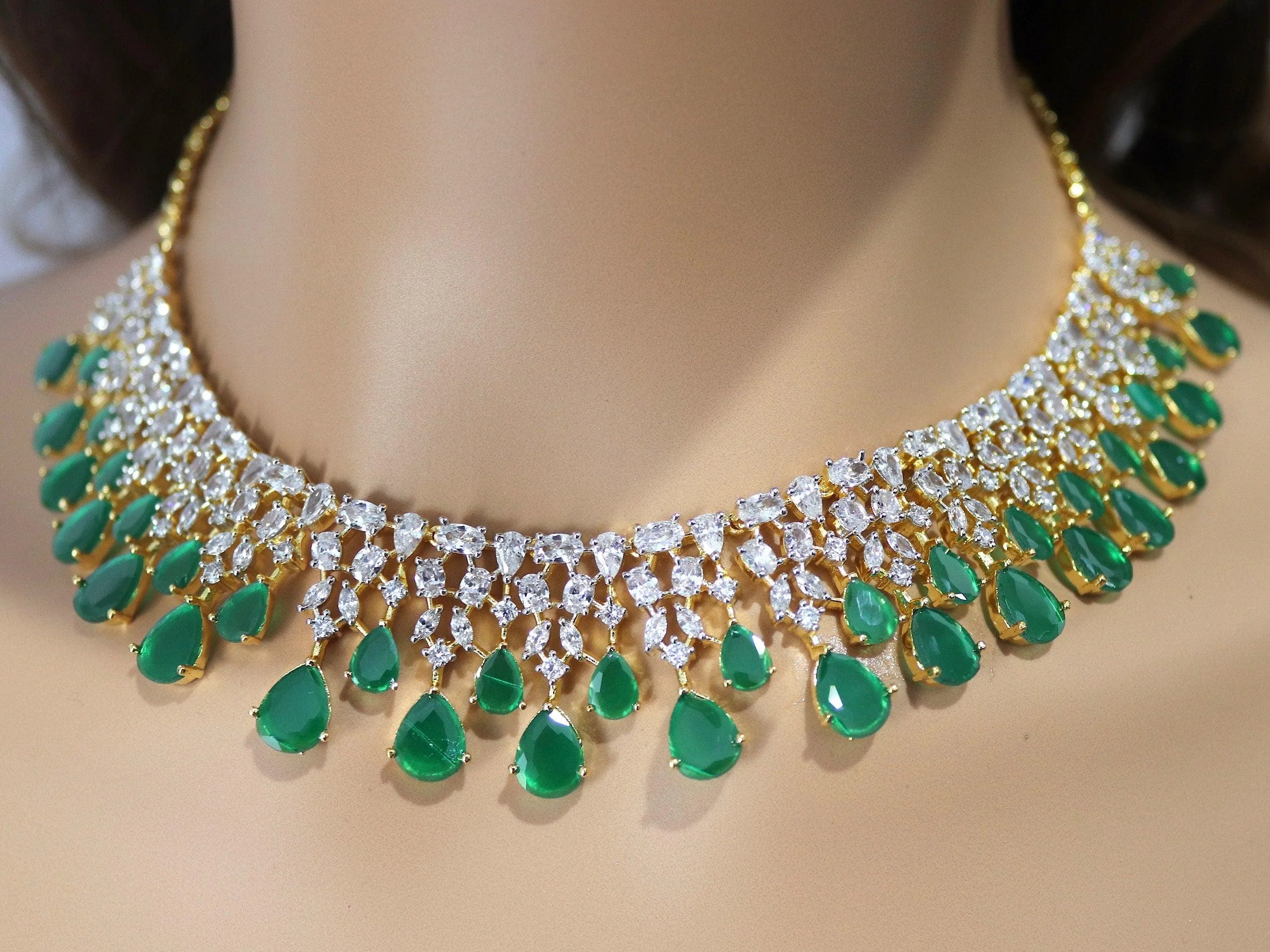 June Gold Emerald Green CZ Diamond Necklace Statement Jewelry Statement Necklace Pakistani Jewelry Indian Necklace CZ choker AmericanDiamond
