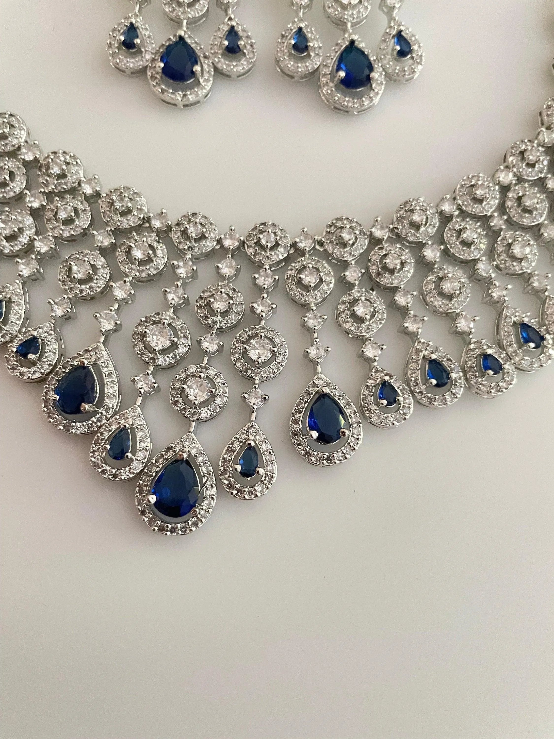 Sapphire CZ Diamond Necklace | Indian Jewelry | Pakistani Jewelry | Indian CZ Necklace Set | American Diamond Necklace Blue Diamond