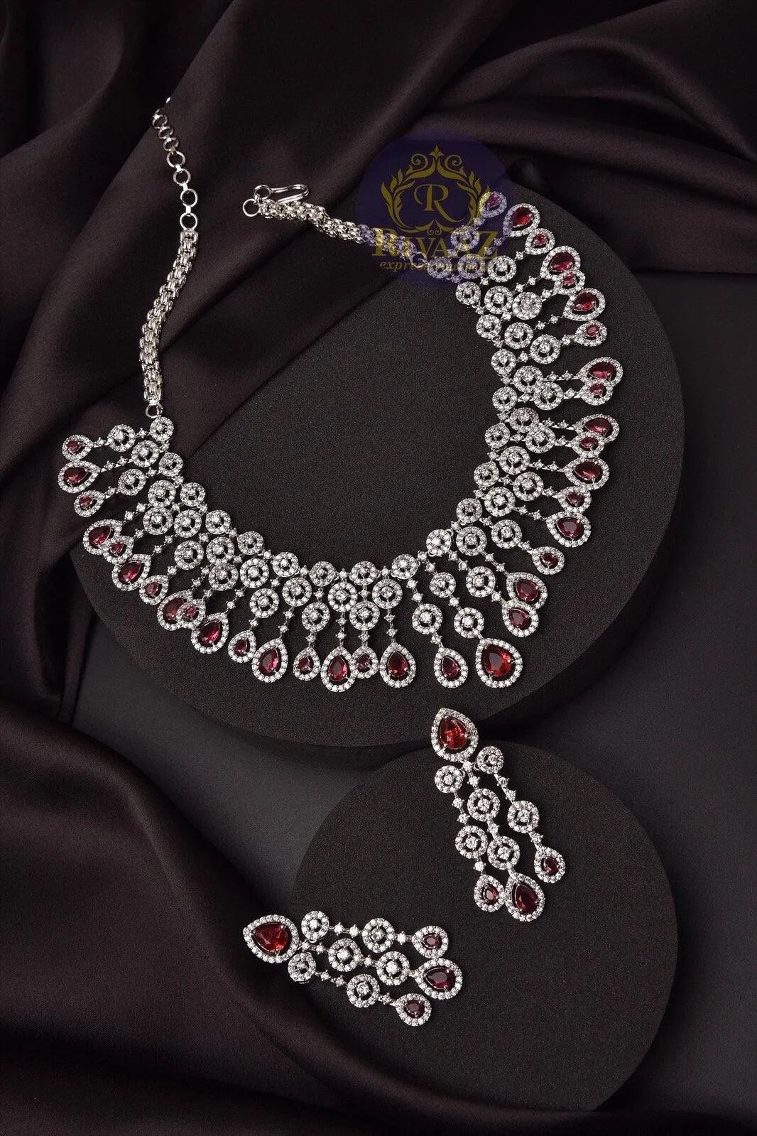 Ruby Diamond Necklace American Diamond Necklace Silver Necklace by Rivaaz