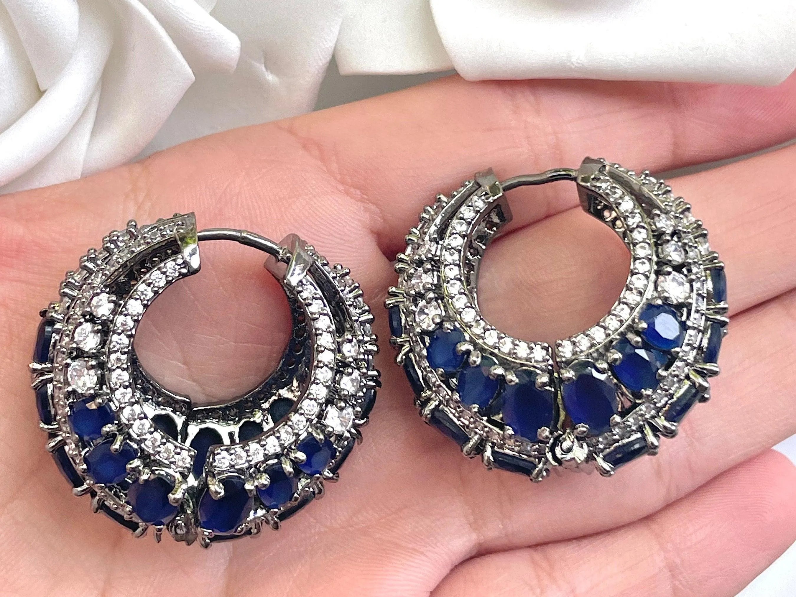 Sapphire Blue CZ Diamond hoops Indian Earring Indian Jewelry Pakistani Jewelry American Diamond Earrings Cubic Zirconia Indian