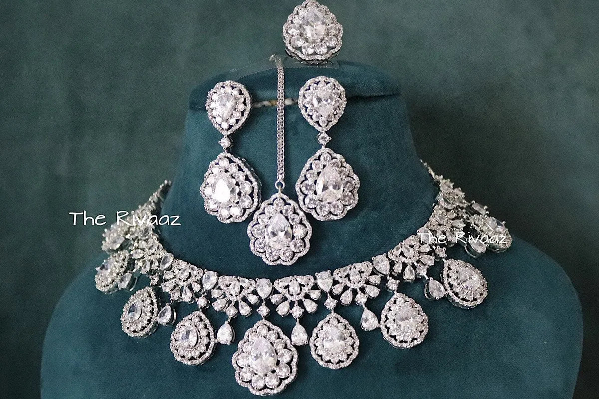 5 Piece CZ Necklace Set • Crystal Necklace • Wedding Jewelry • American Diamond Necklace • Pakistani Jewelry • CZ Necklace • Indian Jewelry
