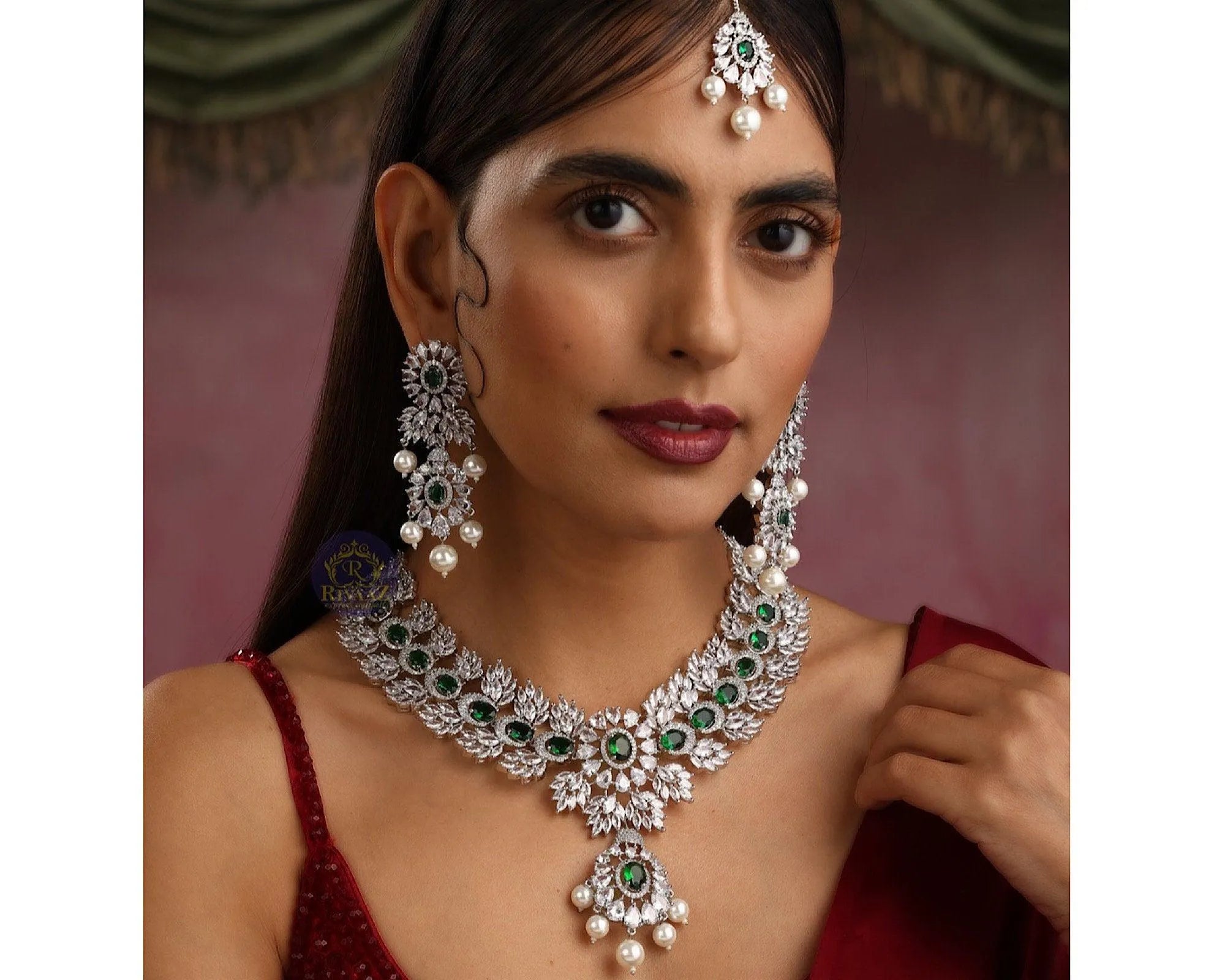 Emerald Pearl Necklace With Earrings And Tikka in White Gold CZ Necklace American Diamond Set Diamond Indian Necklace Indian Bridal Jewelry