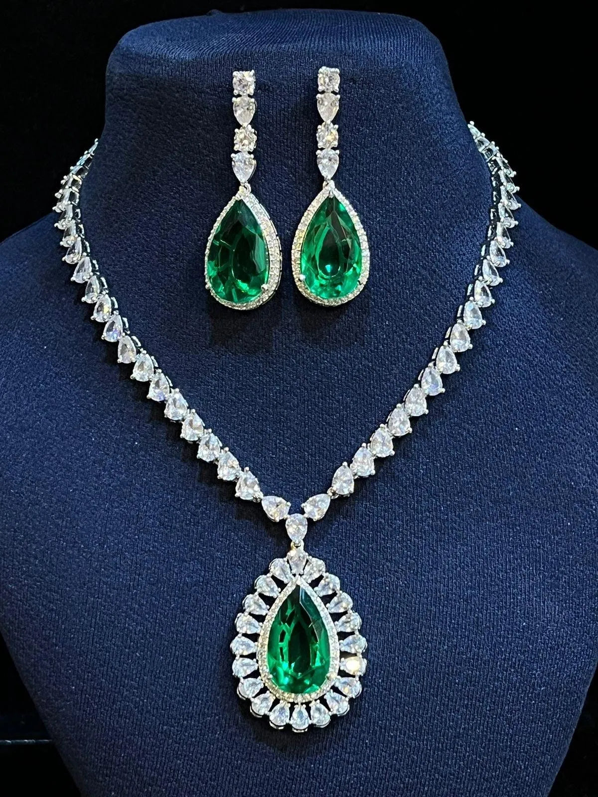 Arina Light Green CZ Necklace Pendant Necklace Cubic Zirconia American Diamond Necklace Set Indian jewelry Set Long Indian Necklace
