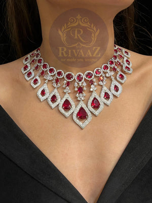 Bella Ruby Red CZ Necklace With Earrings and Tikka American Diamond CZ Necklace Ruby Choker Necklace Indian Cubic Zirconia Necklace