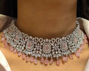 Pre Order Pari Pink Diamond Choker CZ Choker American Diamond Necklace Set Choker Necklace Indian Cubic Zirconia Necklace Pakistani Jewelry